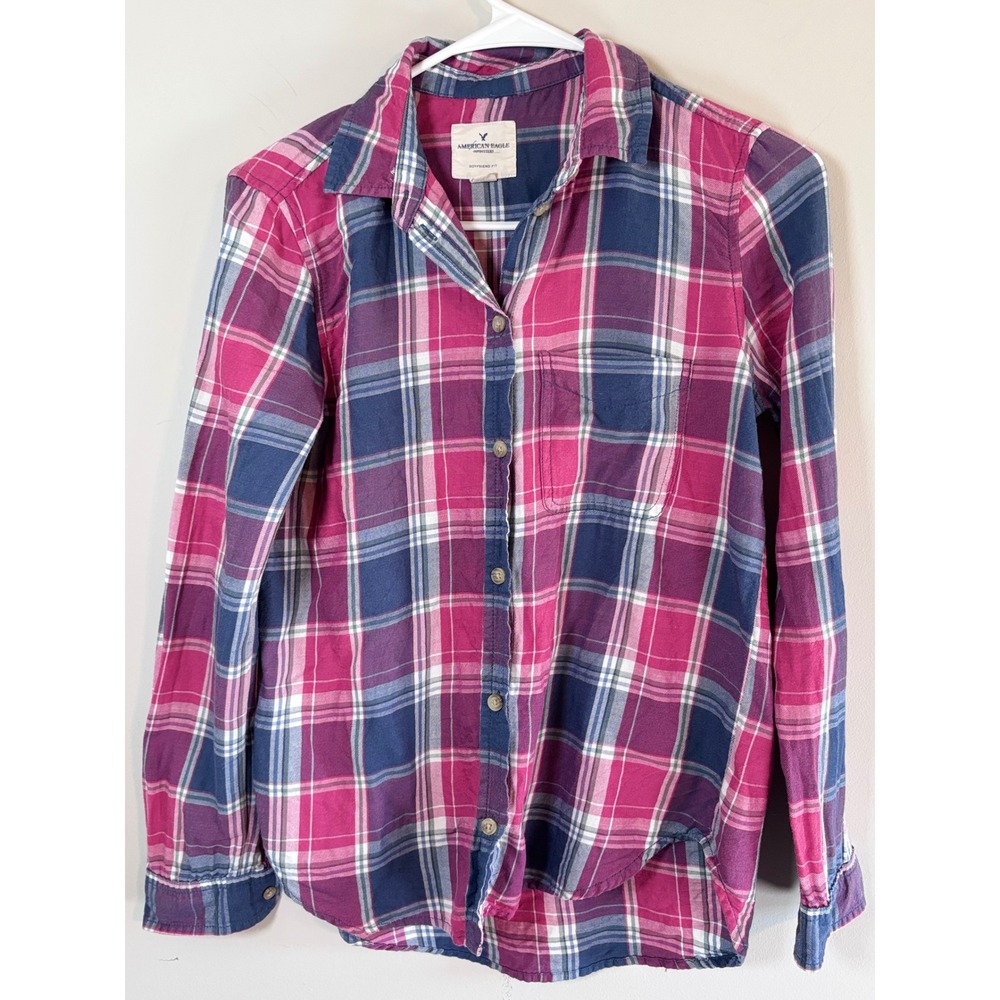 American Eagle Outfitters Boyfriend Fit Plaid Flannel Shirt Pink Navy XS
